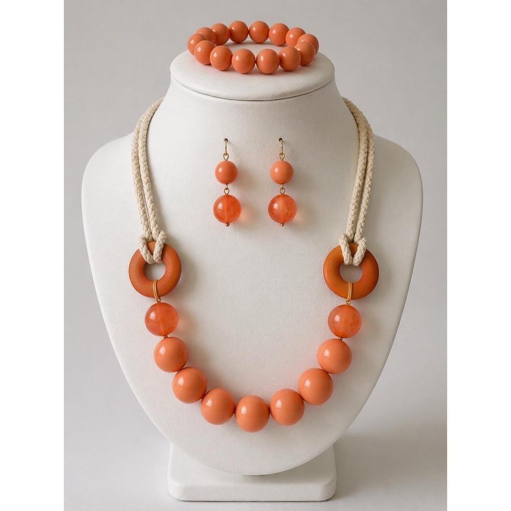 Orange Bead Necklace Set Bracelet Earrings Chunky Summer Jewelry